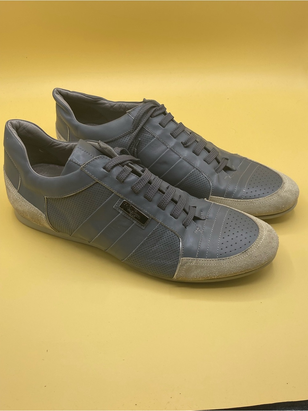 RARE Valentino Garavani Slate Blue Leather Sneakers with Beige Suede Trim